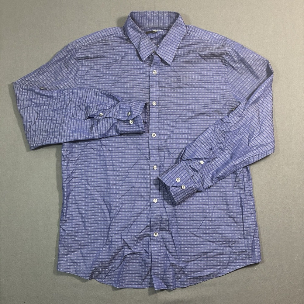 Murano Liquid Luxury Men's Large Blue Geometric Stripe Long Sleeve Dress Shirt